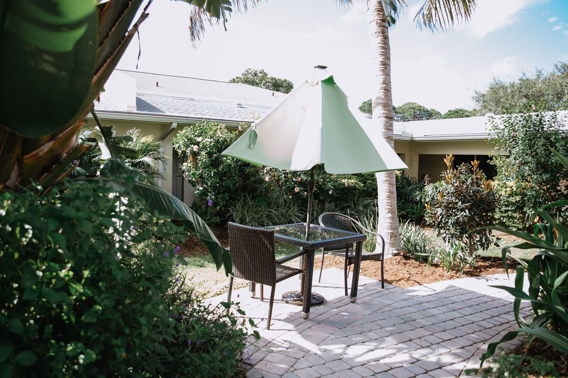 Outdoor patio area with a glass-top table and two wicker chairs under a large green and white umbrella, surrounded by lush greenery and palm trees, with a building in the background.