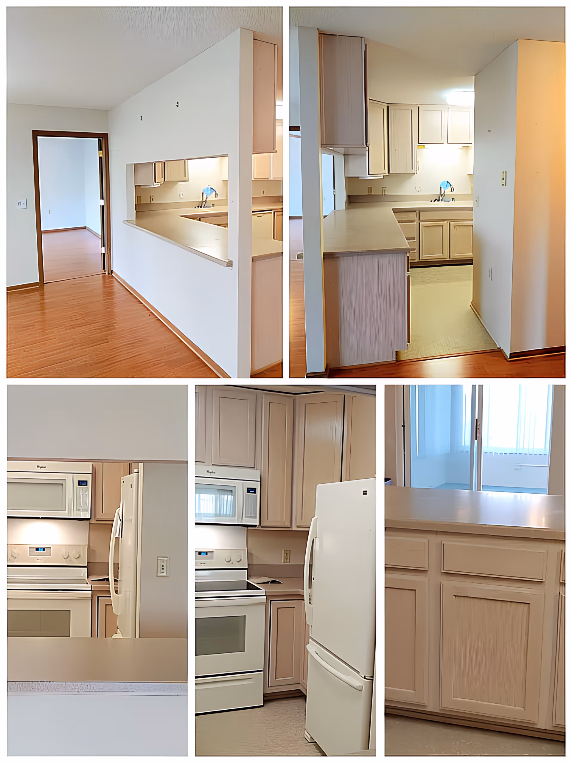 Interior collage of a kitchen with light wood cabinets, white appliances, and a pass-through counter opening to a room with wood floors.