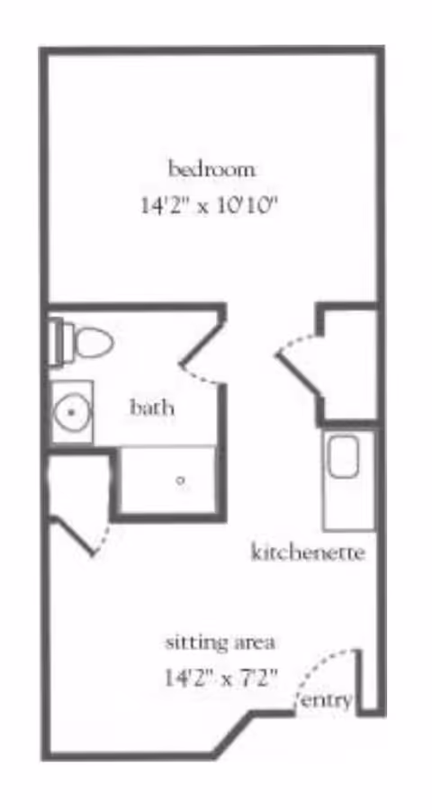 Floor plan of a living space at Azalea Gardens Mableton showing a bedroom measuring 14 feet 2 inches by 10 feet 10 inches, a bathroom with a toilet and sink, a kitchenette, a sitting area measuring 14 feet 2 inches by 7 feet 2 inches, and an entry area.