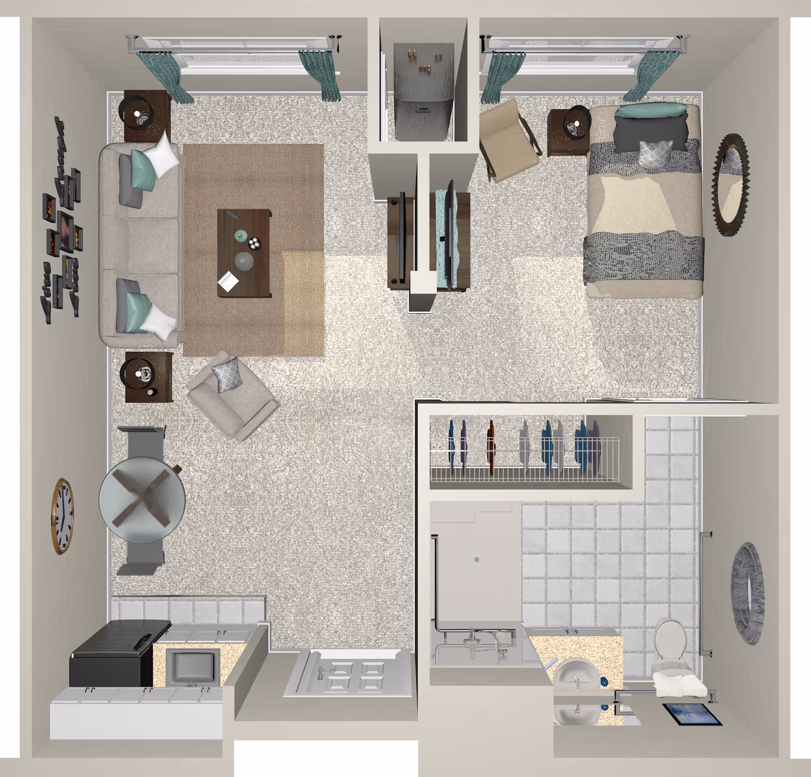 Top-down view of a studio apartment floor plan featuring a combined living and sleeping area with a sofa, armchair, coffee table, bed, side tables, and a TV. The apartment also includes a small kitchen with appliances, a dining table with chairs, a closet with hanging clothes, and a bathroom with a shower, sink, and toilet.
