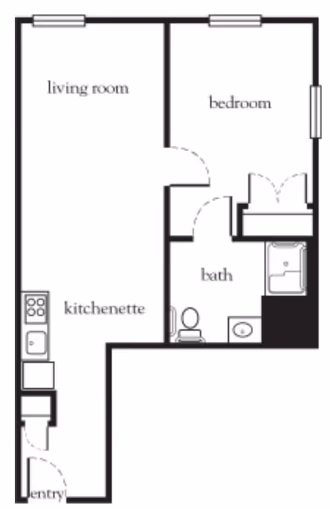Floor plan layout of a living space at Atria Fairhaven showing a living room, kitchenette, bedroom, bathroom, and entry area.