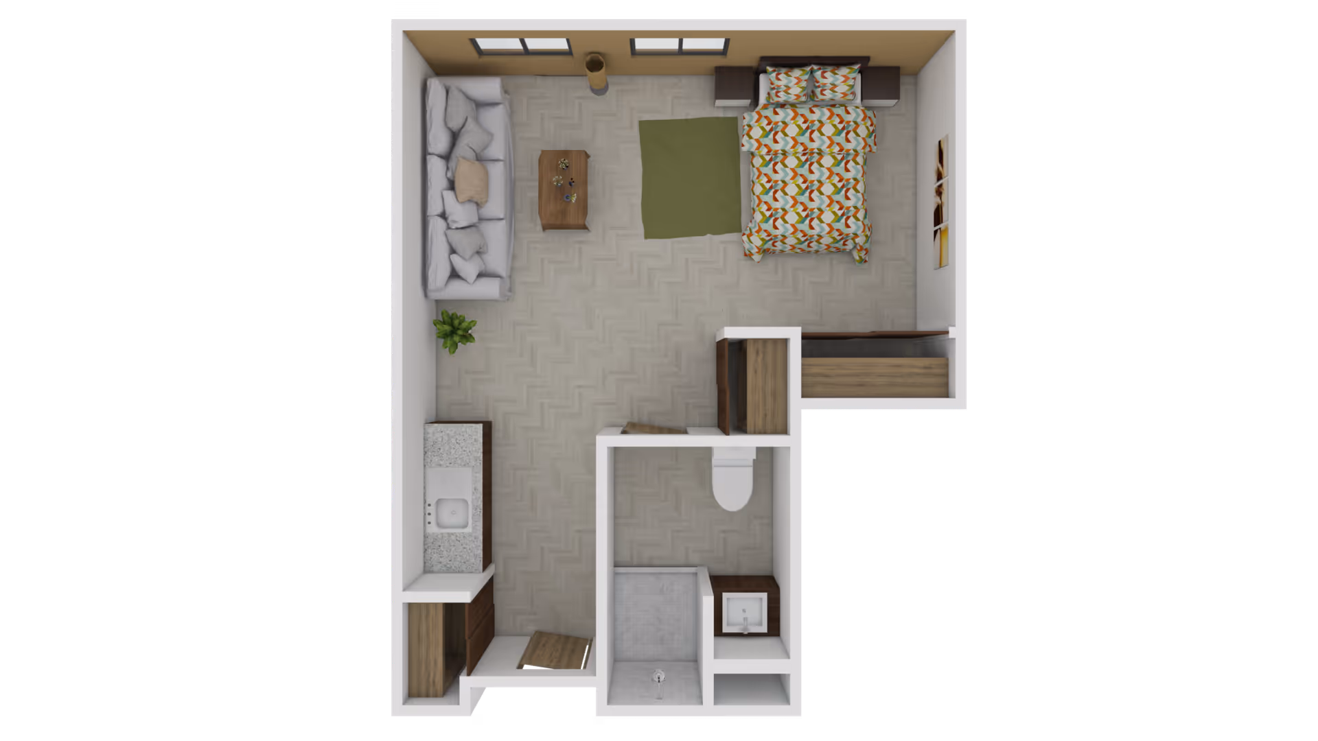Top-down floor plan rendering of a studio apartment with a bed, sofa, small kitchenette, bathroom and closet.