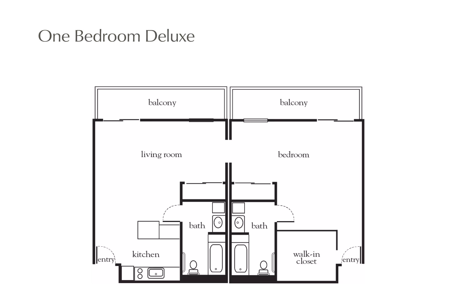 Floor plan labeled One Bedroom Deluxe showing a layout with a living room, kitchen, bath, balcony on the left side, and a bedroom, walk-in closet, bath, balcony on the right side. Both sides have separate entries.