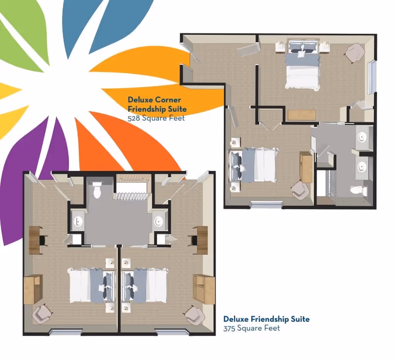 Floor plan layout of two types of suites at YOURLife of Coconut Creek. The Deluxe Corner Friendship Suite is 528 square feet and features two bedrooms, a shared bathroom with two sinks and a toilet, and a closet area. The Deluxe Friendship Suite is 375 square feet and includes two bedrooms, two sinks, a toilet, and closet space.