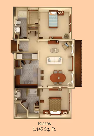 Floor plan of a senior living apartment named Brazos with 1,145 square feet, showing two bedrooms, two bathrooms, a kitchen, a dining area, a living room, and a balcony.