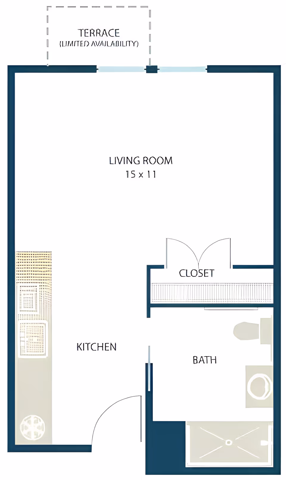 A simple floor plan showing a studio layout with a 15x11 living room, kitchen, closet, bath, and a terrace.