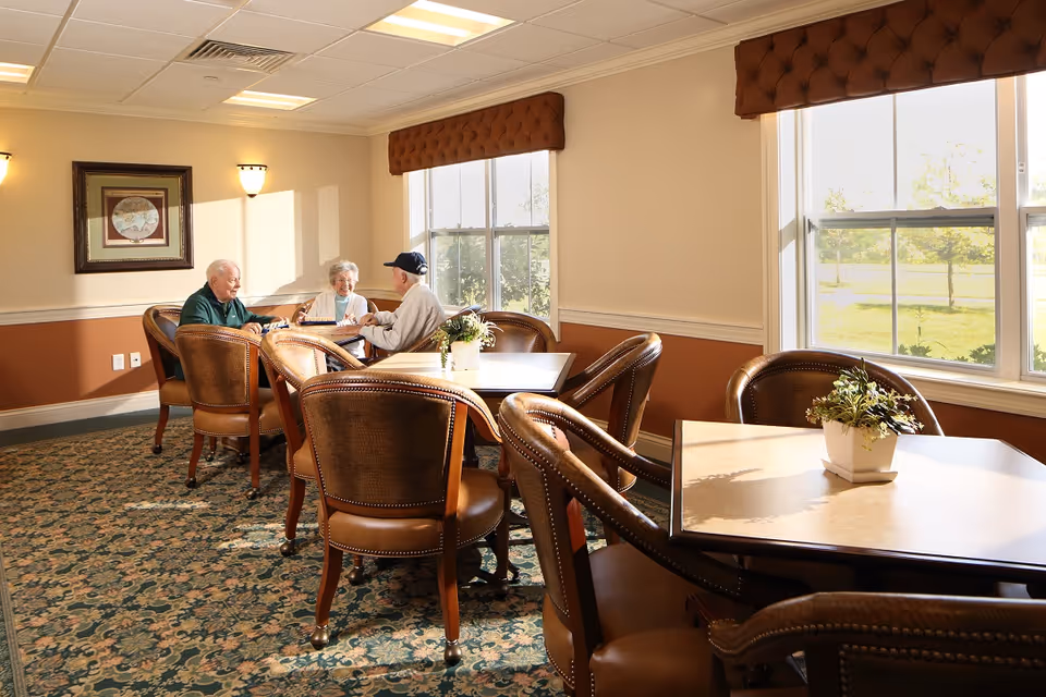 A bright and cozy dining room with large windows letting in natural light. Three elderly people are seated at a table, engaged in conversation. The room features patterned carpet, brown leather chairs, and tables with small potted plants. The walls are painted beige with a brown wainscoting and decorated with a framed picture and wall sconces.