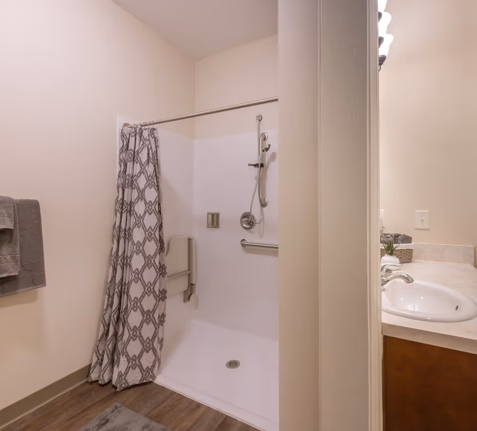 A bathroom with a walk-in shower featuring a patterned shower curtain, a fold-down shower seat, and a handheld showerhead. To the right, a sink with a countertop and a small plant is partially visible. The walls are painted beige and the floor has wood-like flooring.