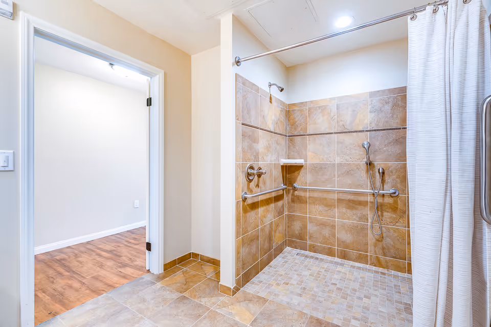 Accessible tiled walk-in shower with grab bars, a handheld showerhead and curtain, next to a doorway leading to a room with wood flooring.