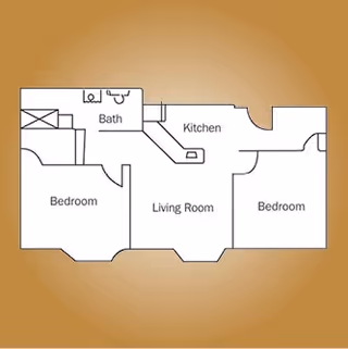 Floor plan layout of an assisted living unit showing two bedrooms, a bathroom, a kitchen, and a living room.