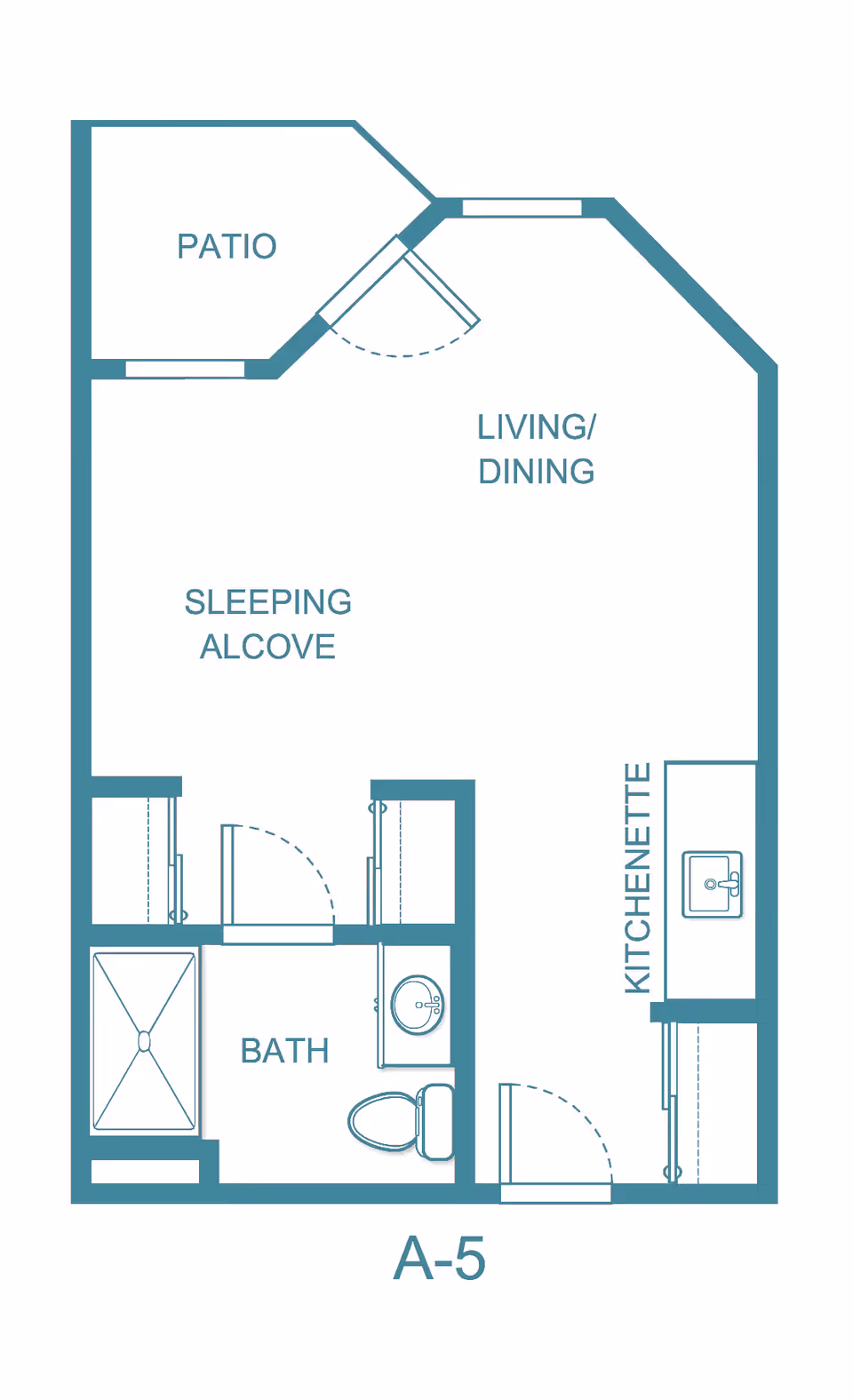 Floor plan layout of a studio apartment labeled A-5 at Solista Bellevue, showing a patio, living/dining area, sleeping alcove, kitchenette, and bathroom with shower, sink, and toilet.