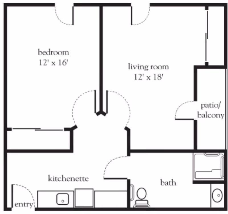 Floor plan of a living space at Atria San Juan showing a bedroom measuring 12 by 16 feet, a living room measuring 12 by 18 feet with an attached patio/balcony, a kitchenette near the entry, and a bathroom with a toilet and bathtub.
