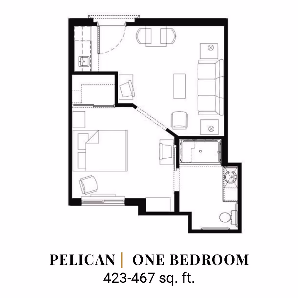 Floor plan layout of a one-bedroom apartment named Pelican, showing a bedroom with a bed and chair, a living room with sofa, chairs, and a coffee table, a kitchen area, and a bathroom with a toilet and sink. The total area is 423-467 square feet.