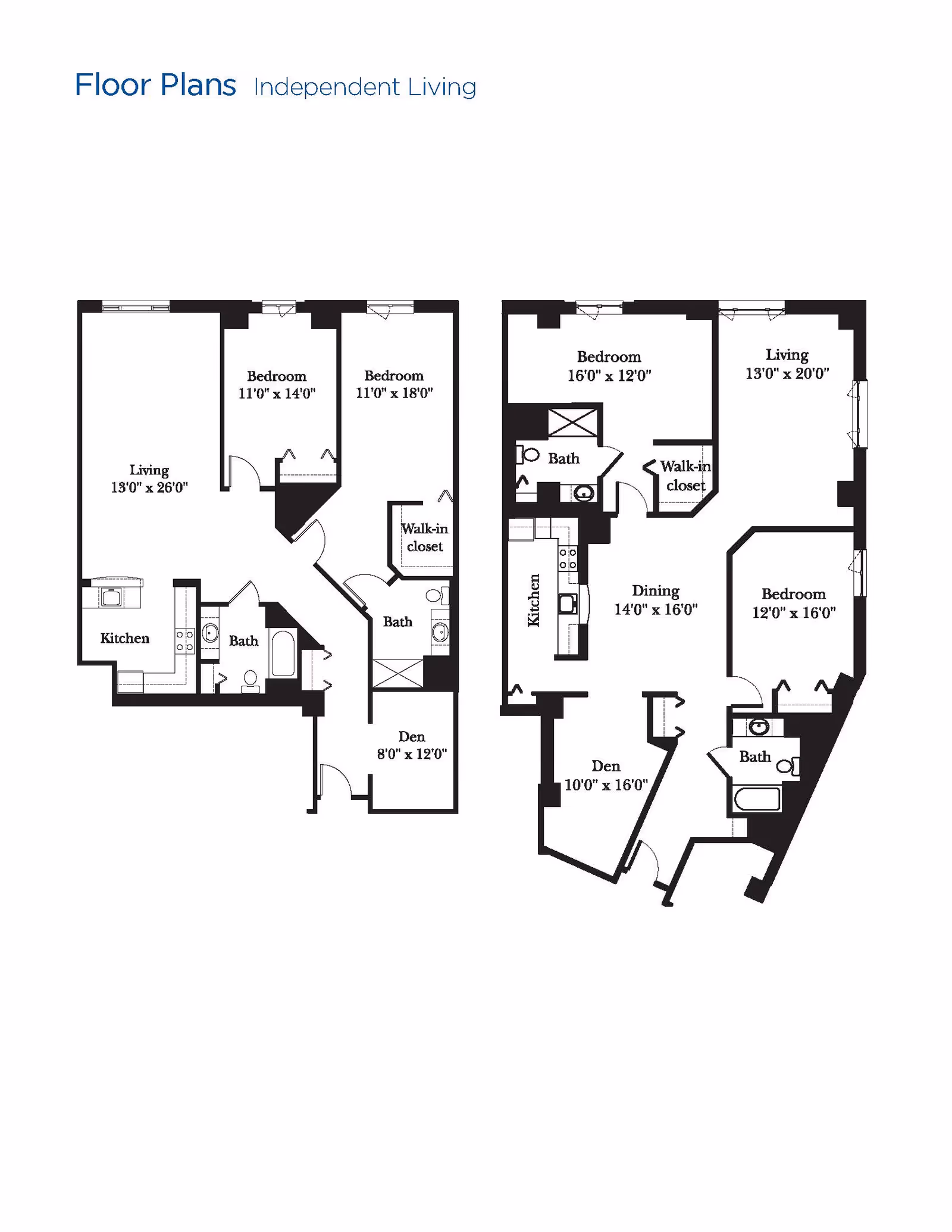 Floor plans for independent living units at Brookdale Creve Coeur showing layouts with bedrooms, living rooms, kitchens, bathrooms, dining areas, walk-in closets, and dens.