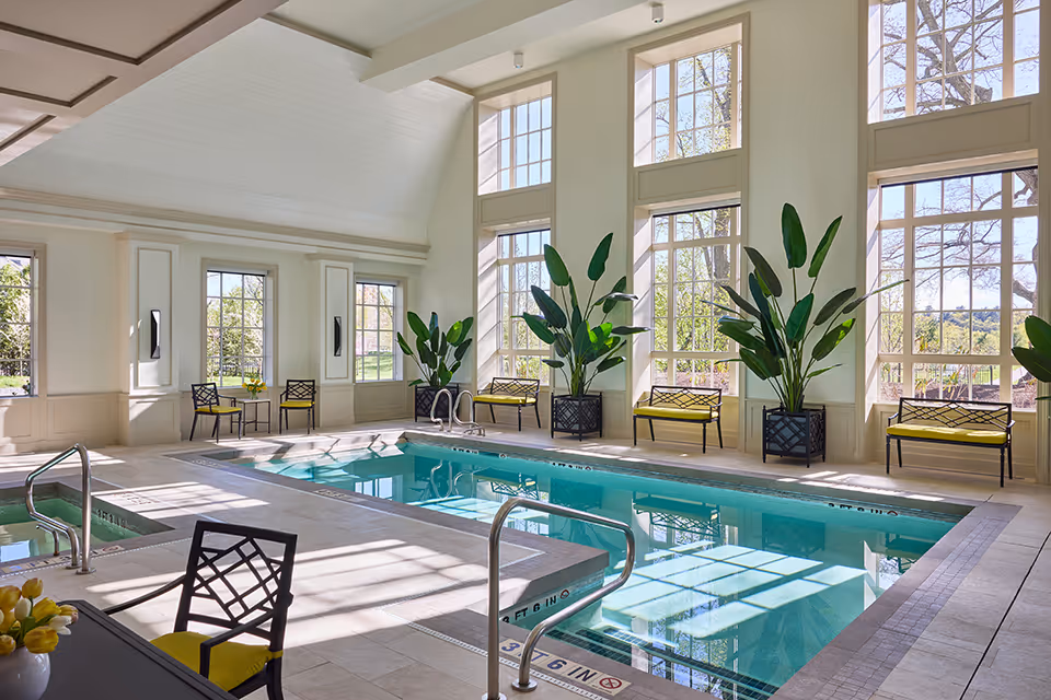 Bright indoor swimming pool in a high-ceilinged room with tall windows, potted plants, and seating.