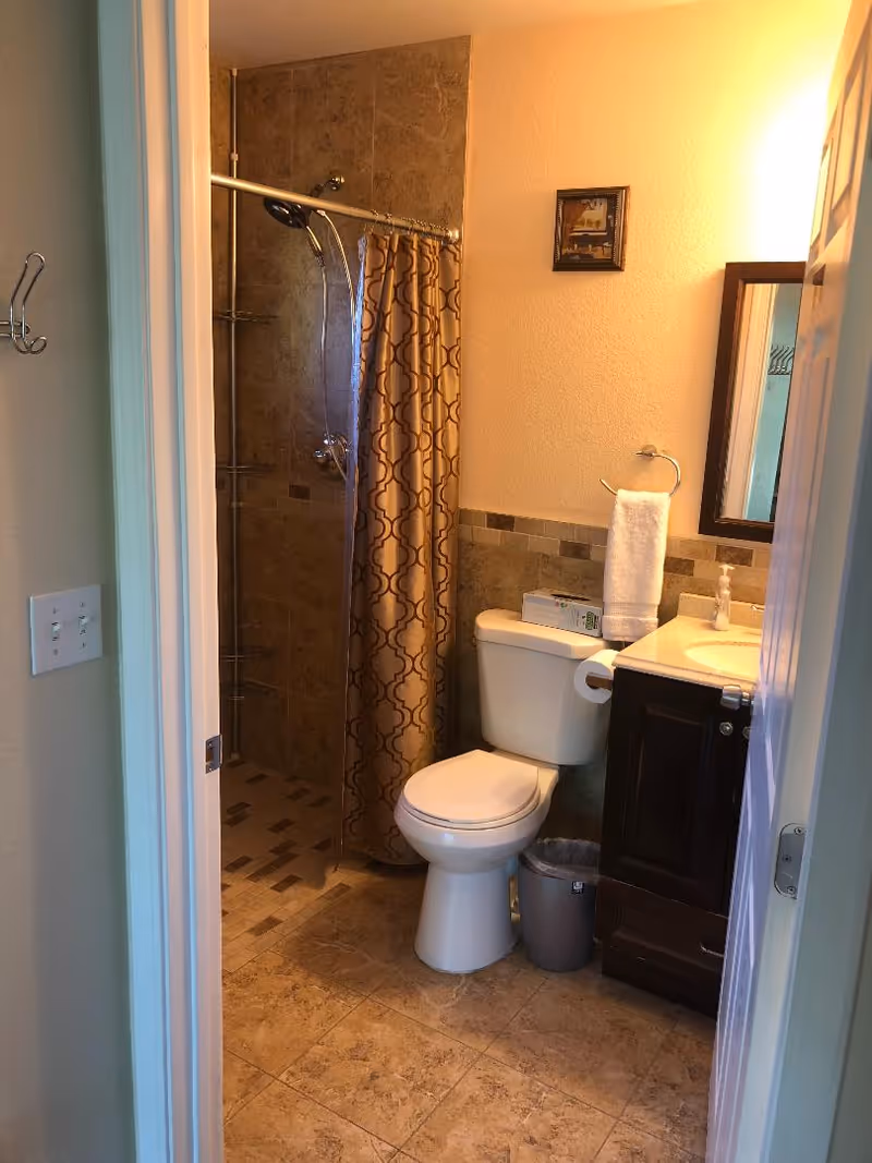 View into a bathroom featuring a toilet, a dark wood vanity with a sink, a mirror, a towel ring with a white towel, a trash can, and a shower with a patterned curtain and tiled walls and floor.