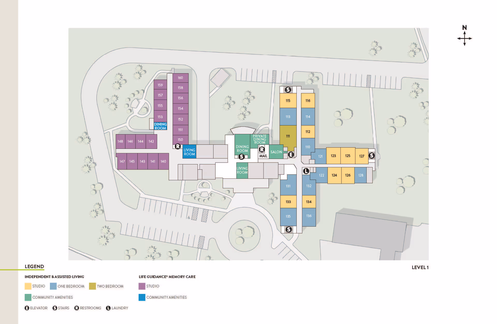 Floor plan of Atria Westchase senior living facility showing layout of independent and assisted living studios, one-bedroom and two-bedroom units, Life Guidance memory care studios, and community amenities including dining rooms, living rooms, salon, mail area, elevators, stairs, restrooms, and laundry. The map includes parking areas and landscaping around the building.