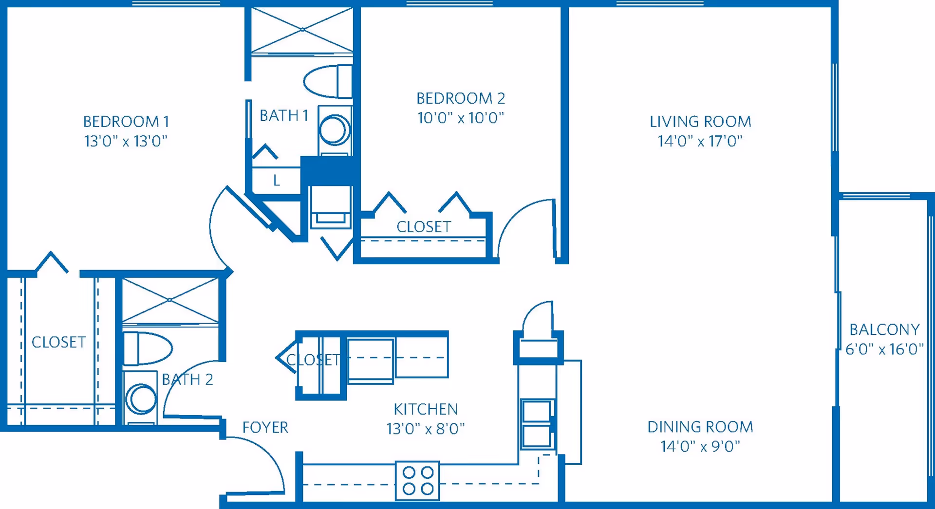 Floor plan of a residential unit at Vi at Lakeside Village showing two bedrooms, two bathrooms, a kitchen, a living room, a dining room, a foyer, closets, and a balcony.