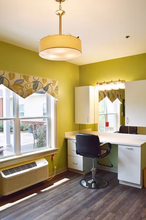 Small green-painted grooming room with a vanity and mirror, a black swivel salon chair, window and overhead light.