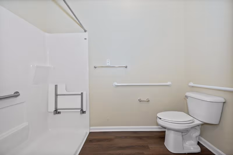 A clean and accessible bathroom featuring a white toilet with grab bars on the walls around it, a walk-in shower with a fold-down seat and grab bars, and wood-look flooring.