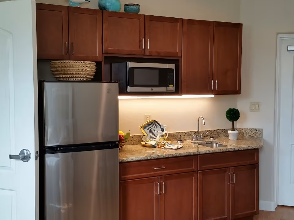A kitchen area with wooden cabinets, a stainless steel refrigerator, a microwave, a granite countertop with a sink, a small potted plant, and decorative items including a fish-shaped plate and a basket of fruit.