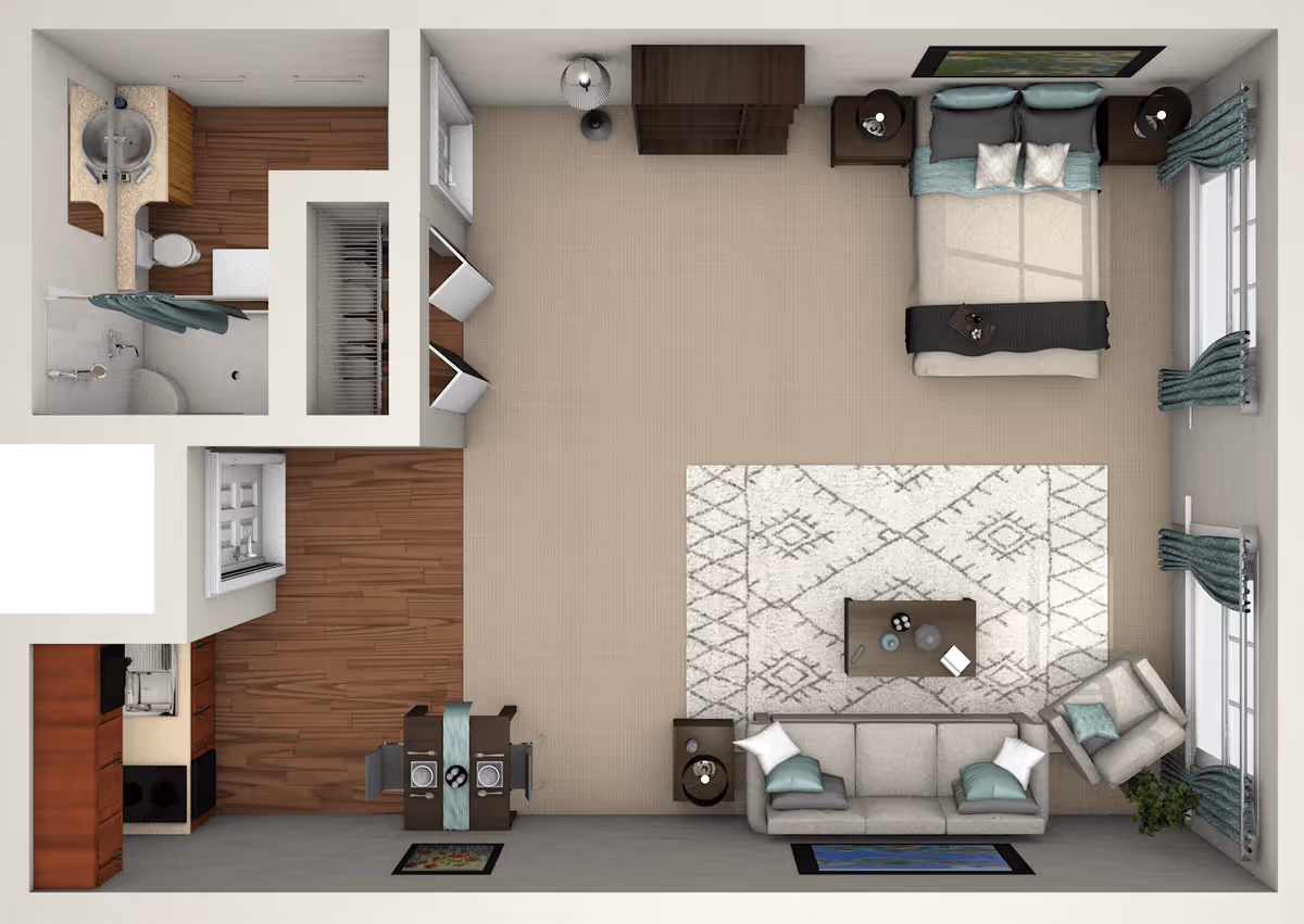 Top-down view of a senior living facility apartment layout featuring a bedroom with a bed, nightstands, and dresser, a living room area with a sofa, armchair, coffee table, and rug, a dining area with a table set for two, a kitchen with appliances and cabinets, and a bathroom with a sink, toilet, and shower.