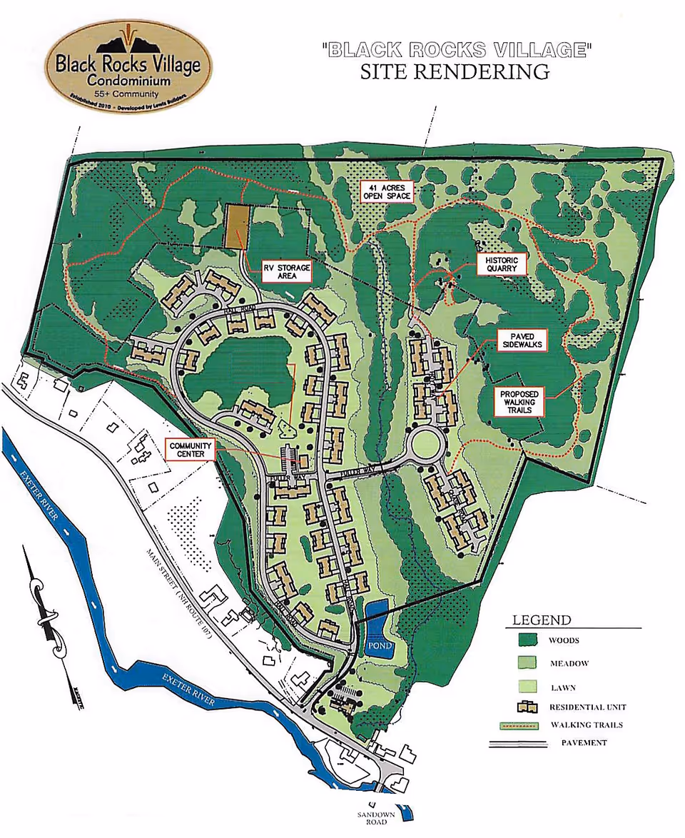 Site rendering map of Black Rocks Village condominium community showing residential units, community center, RV storage area, pond, walking trails, paved sidewalks, historic quarry, and open space areas with woods, meadow, and lawn. The map includes a legend and labels for Exeter River and Sandown Road.