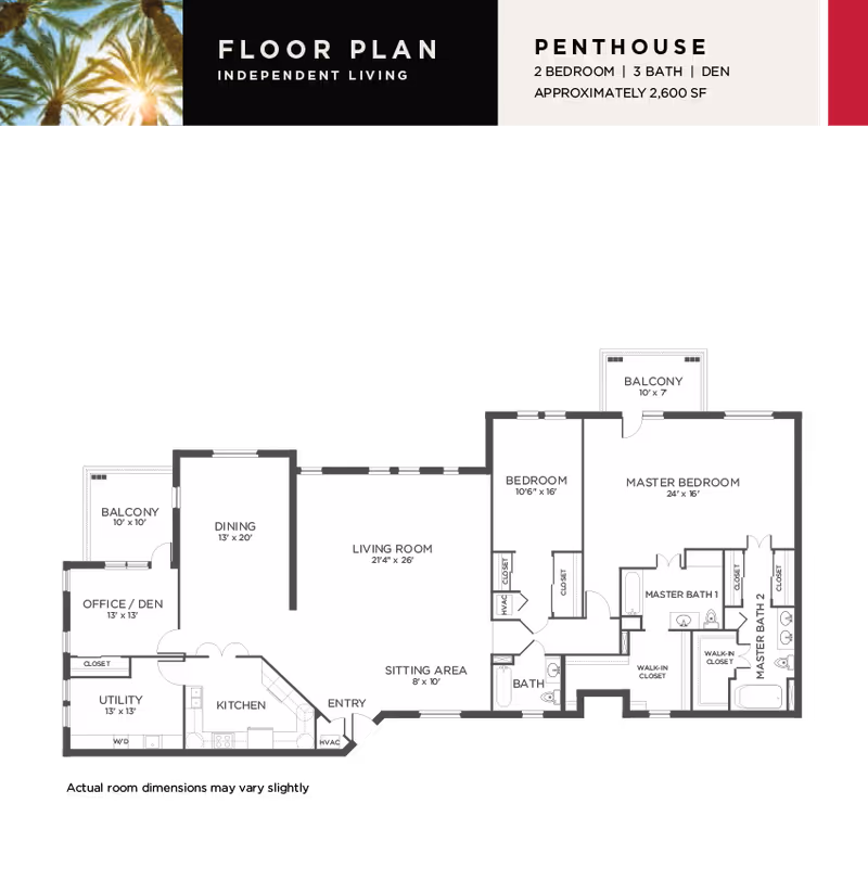 Floor plan of a penthouse independent living unit at La Posada featuring 2 bedrooms, 3 bathrooms, a den, kitchen, dining area, living room, sitting area, utility room, and two balconies. The master bedroom includes two walk-in closets and two master bathrooms.