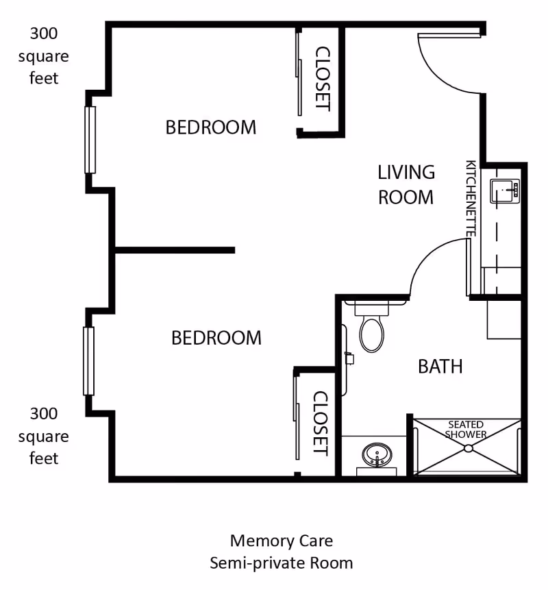 Floor plan of a memory care semi-private room at Marquis Place of Elkhorn showing two bedrooms each with a closet, a living room with kitchenette, and a bathroom with a seated shower. The total area is 300 square feet.