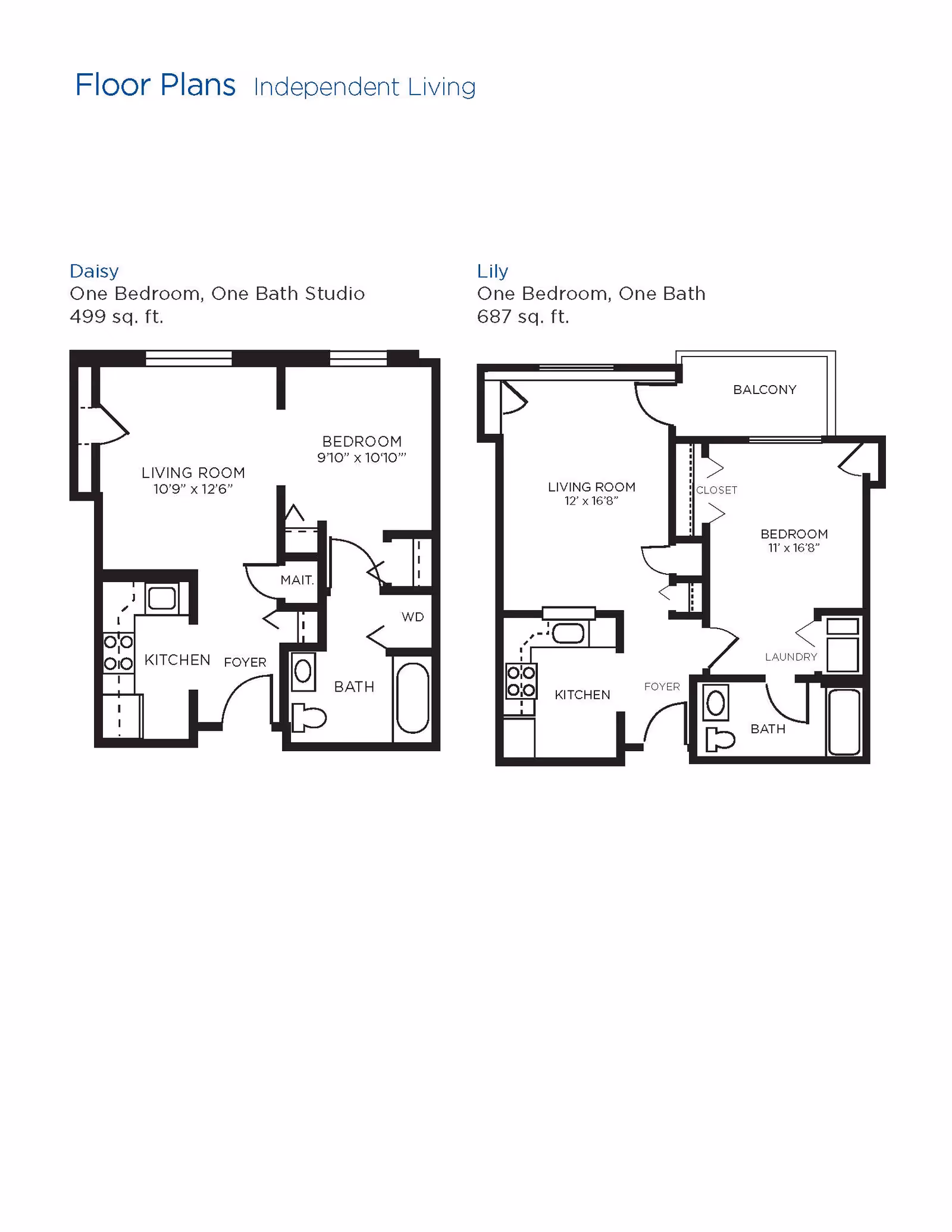 Floor plans for independent living at Brookdale University Park showing two layouts: Daisy, a one bedroom, one bath studio of 499 sq. ft., and Lily, a one bedroom, one bath apartment of 687 sq. ft. Each plan includes labeled rooms such as living room, bedroom, kitchen, bath, and additional features like balcony and laundry in the Lily plan.