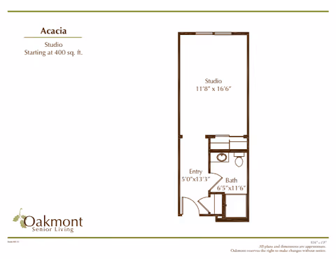 Floor plan of a studio apartment named Acacia at Oakmont Senior Living, showing an entry area, a studio space measuring 11 feet 8 inches by 16 feet 6 inches, and a bathroom measuring 6 feet 5 inches by 11 feet 6 inches. The total area starts at 400 square feet.