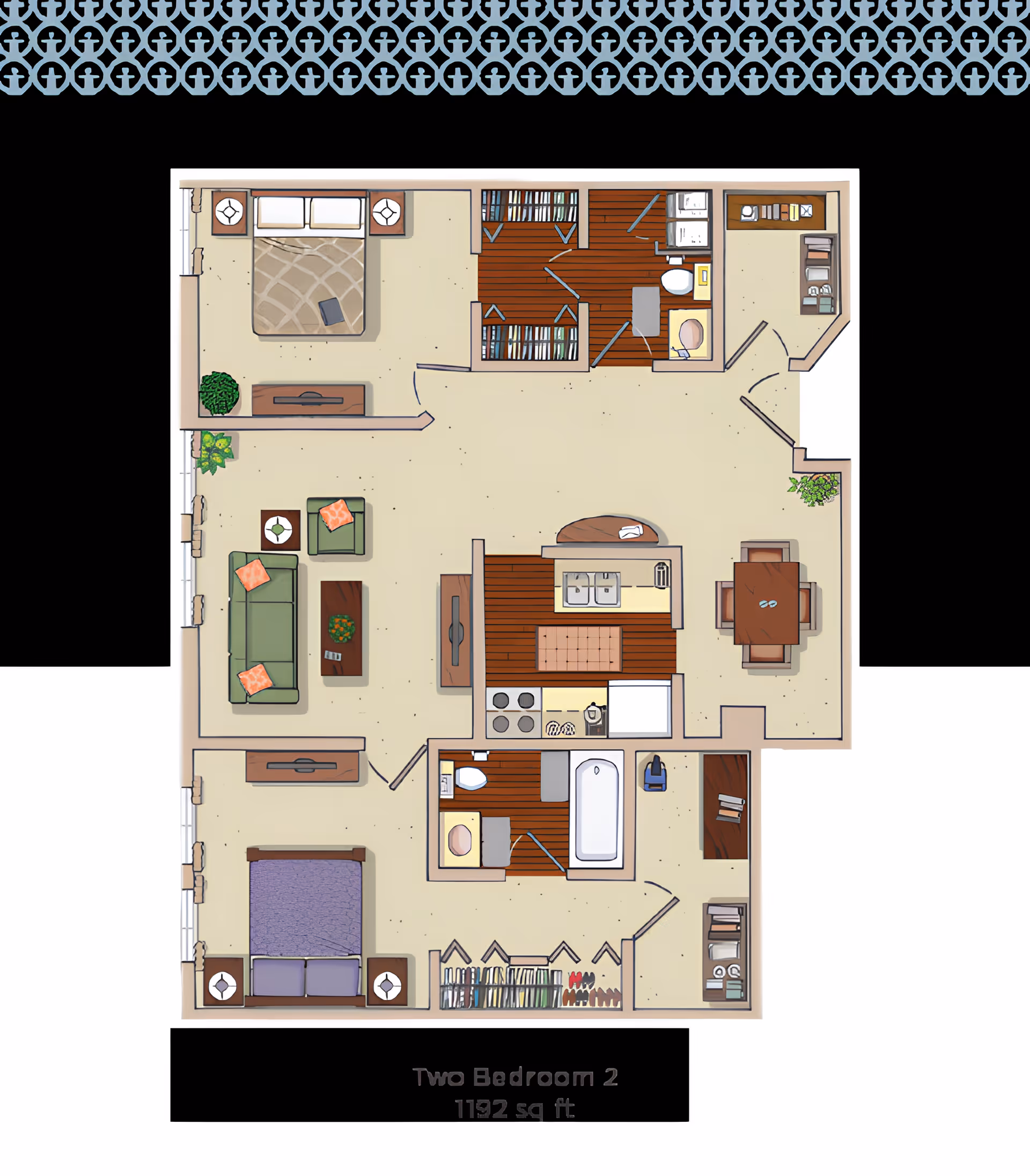 Top-down illustrated floor plan of a two-bedroom apartment showing living room, kitchen, dining area, two bedrooms, bathrooms and closets.