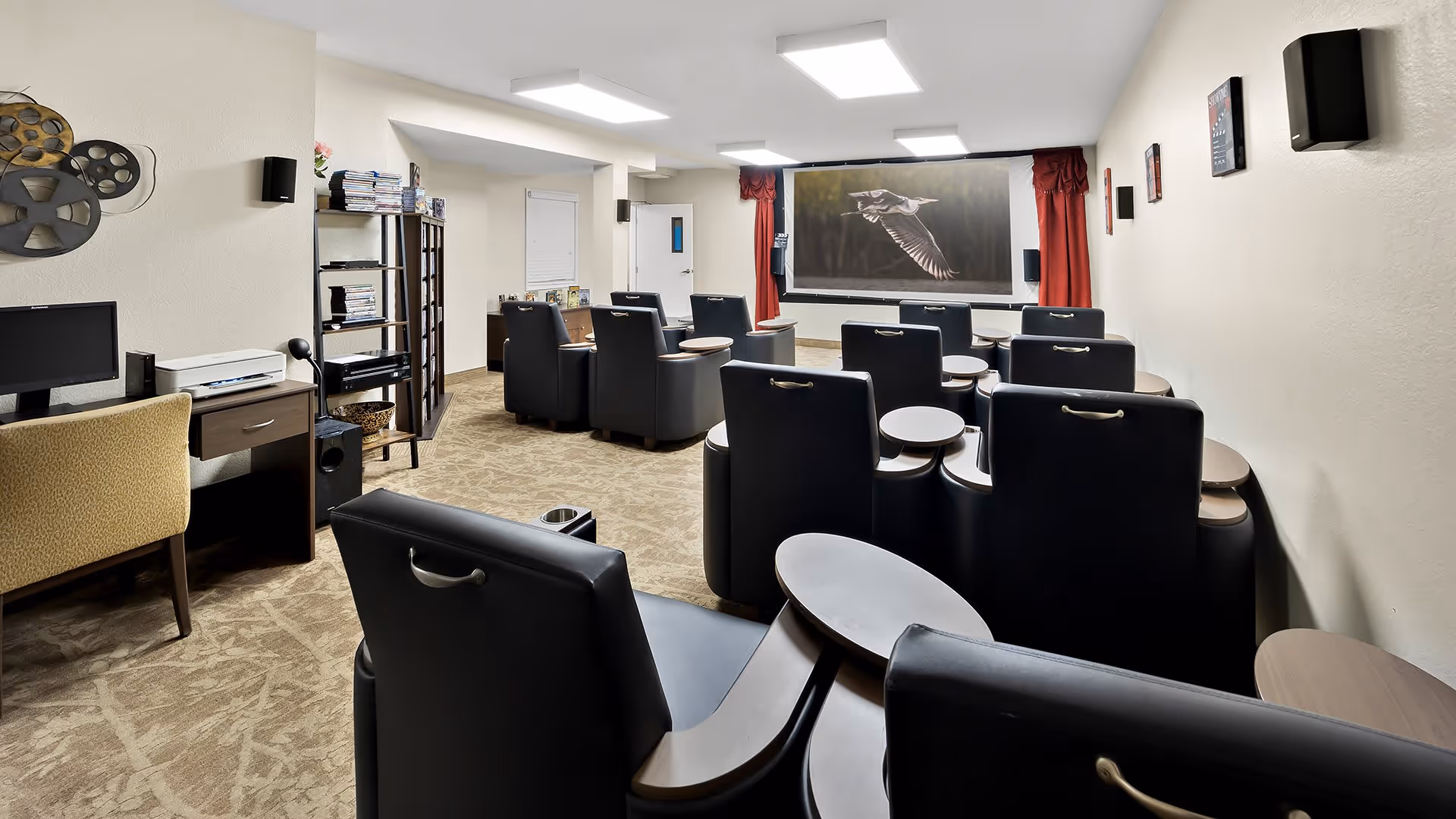 A small theater room with multiple black leather recliner chairs arranged in rows facing a large screen displaying a bird in flight. The room has beige walls, carpeted floor, a desk with a computer and printer on the left side, and shelves with DVDs or books. Red curtains frame the screen at the front.