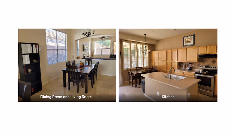 Side-by-side photos showing a dining area opening to a living room on the left and a kitchen with an island on the right.