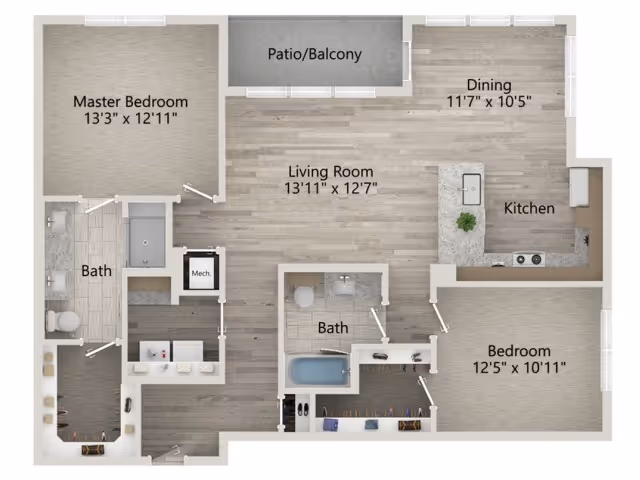 Top-down floor plan of a two-bedroom, two-bath apartment with living room, dining area, kitchen, and patio/balcony, all rooms labeled with dimensions.