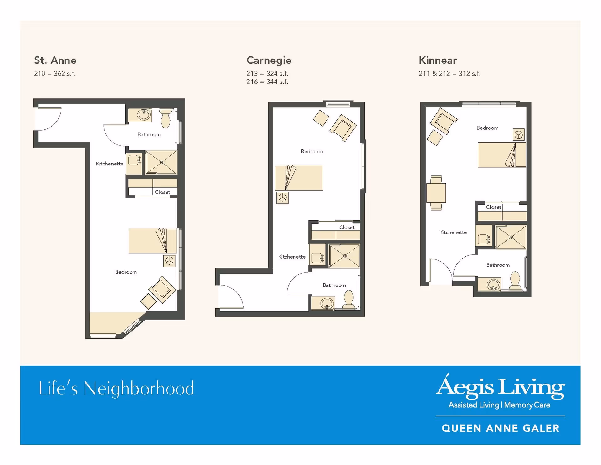 Floor plans for three different apartment layouts named St. Anne, Carnegie, and Kinnear at Aegis Living Queen Anne Galer, showing bedroom, kitchenette, bathroom, and closet areas with square footage details.