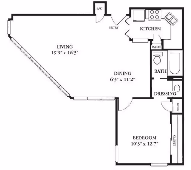 Floor plan of an apartment at Independence Hill Retirement Community showing a living room, kitchen, dining area, bathroom, dressing area, bedroom, pantry, linen closet, and closet with dimensions.