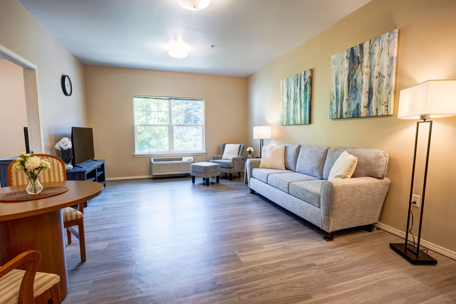 Sunlit living room with a gray sofa, armchair and ottoman, TV on a stand, small dining table, and wall art.