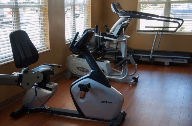 Small fitness room with a recumbent bike, upright exercise bike and a treadmill next to windows and wood flooring.