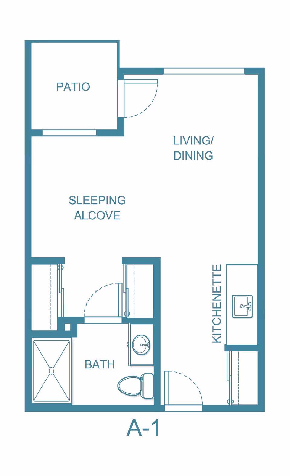 Floor plan layout of a studio apartment labeled A-1 at TerraBella Riverplace, showing a patio, living/dining area, sleeping alcove, kitchenette, and bathroom with shower, toilet, and sink.