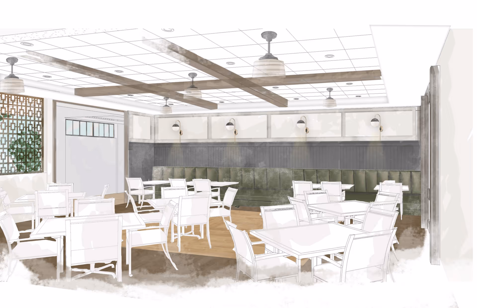 Rendered dining room with multiple tables and chairs, green banquette seating along the side wall, wooden ceiling beams and pendant lights.