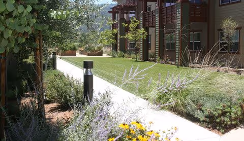 Outdoor walkway surrounded by greenery and flowers leading alongside a multi-story residential building with balconies under a clear sky.