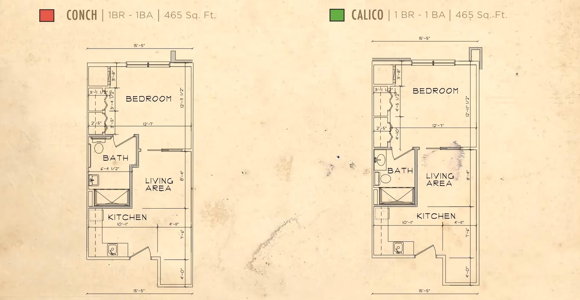 Architectural floor plans for two 1-bedroom, 1-bathroom apartments named Conch and Calico, each 465 square feet. Both layouts show a bedroom, bathroom, living area, and kitchen with detailed measurements.
