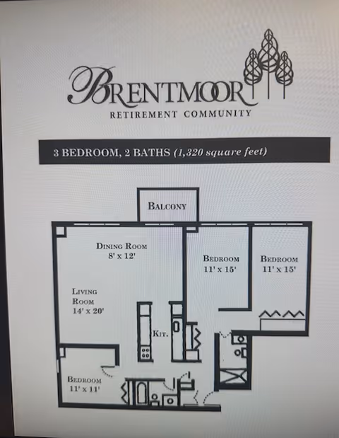 Floor plan of a 3 bedroom, 2 bath apartment at Brentmoor Retirement Community, showing dimensions for living room, dining room, kitchen, bedrooms, bathrooms, and a balcony.