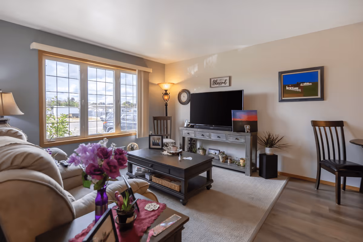 A cozy living room with a large window letting in natural light. The room features a beige sofa, a dark wooden coffee table with decorative items, a TV on a wooden console, two chairs, a floor lamp, and framed artwork on the walls. There are also plants and flowers adding a touch of greenery.