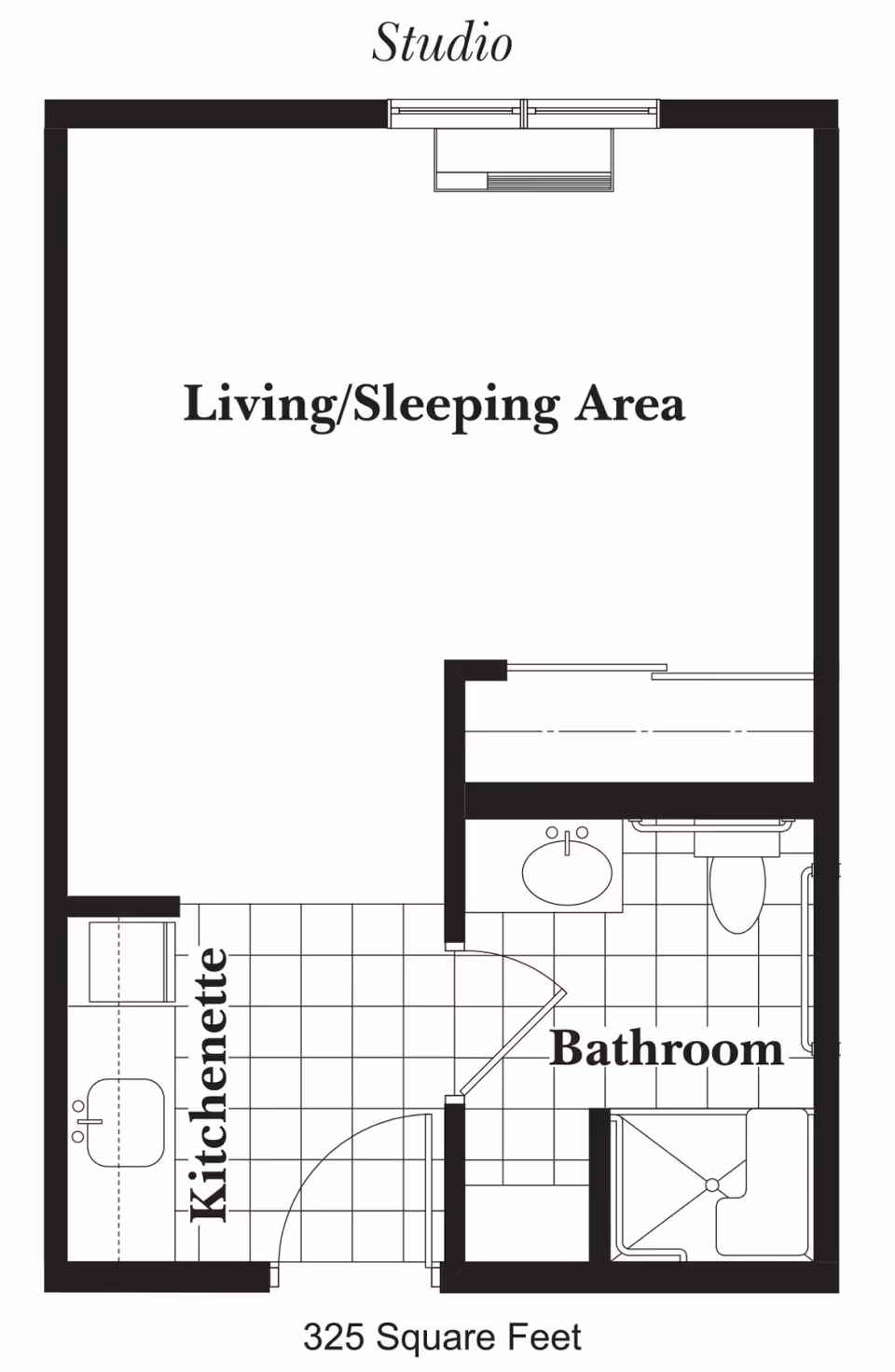 Floor plan of a studio apartment at Heritage Woods of DeKalb showing a living/sleeping area, kitchenette, and bathroom. The total area is 325 square feet.