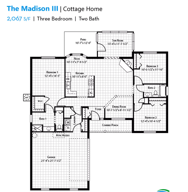 Architectural floor plan titled The Madison III showing a 2,067 square foot layout with labeled rooms including bedrooms, bathrooms, kitchen, dining area, living room, and utility spaces.
