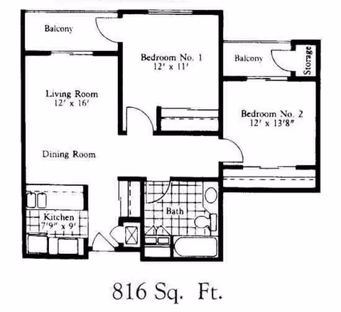 Architectural floor plan of an 816 square feet apartment at Grand Court of Mesa, showing two bedrooms, one bathroom, a kitchen, living room, dining room, two balconies, and a storage area.