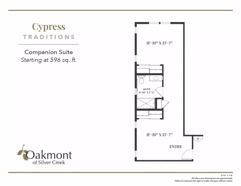 Floor plan layout for the Cypress Companion Suite at Oakmont of Silver Creek, showing an entry, two main rooms and a central bathroom.