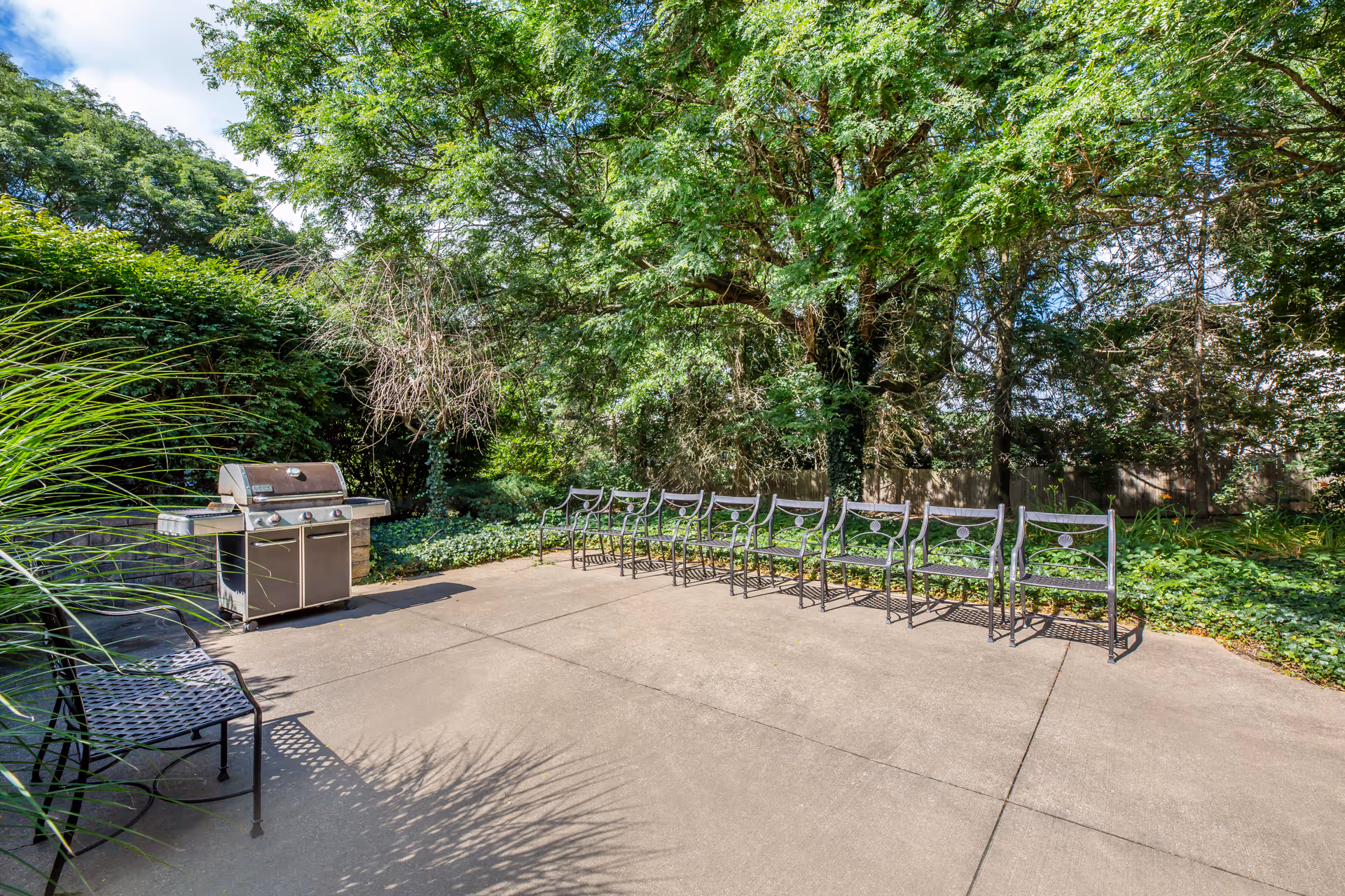 Outdoor patio area with a row of metal chairs lined up along the edge of a concrete surface. There is a stainless steel barbecue grill on the left side and lush green trees and bushes surrounding the area under a partly cloudy sky.